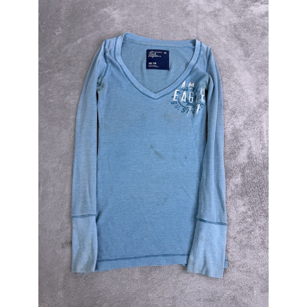 Vintage Y2K American Eagle Long Sleeve T Shirt Women's Size XS Blue Preppy